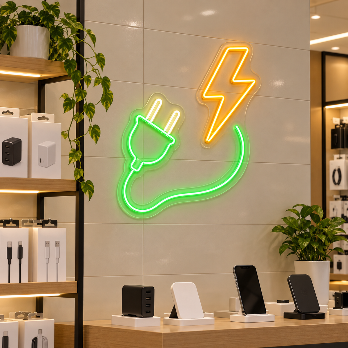 Power Plug and Lightning Bolt LED Neon Sign for Electronics Shops - interior setting
