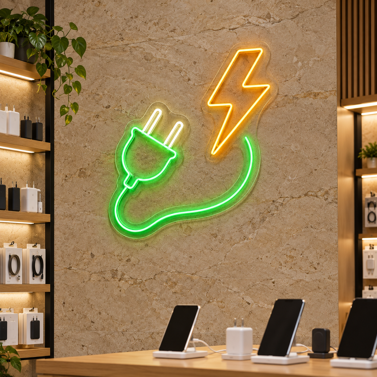Power Plug and Lightning Bolt LED Neon Sign for Electronics Shops - interior setting