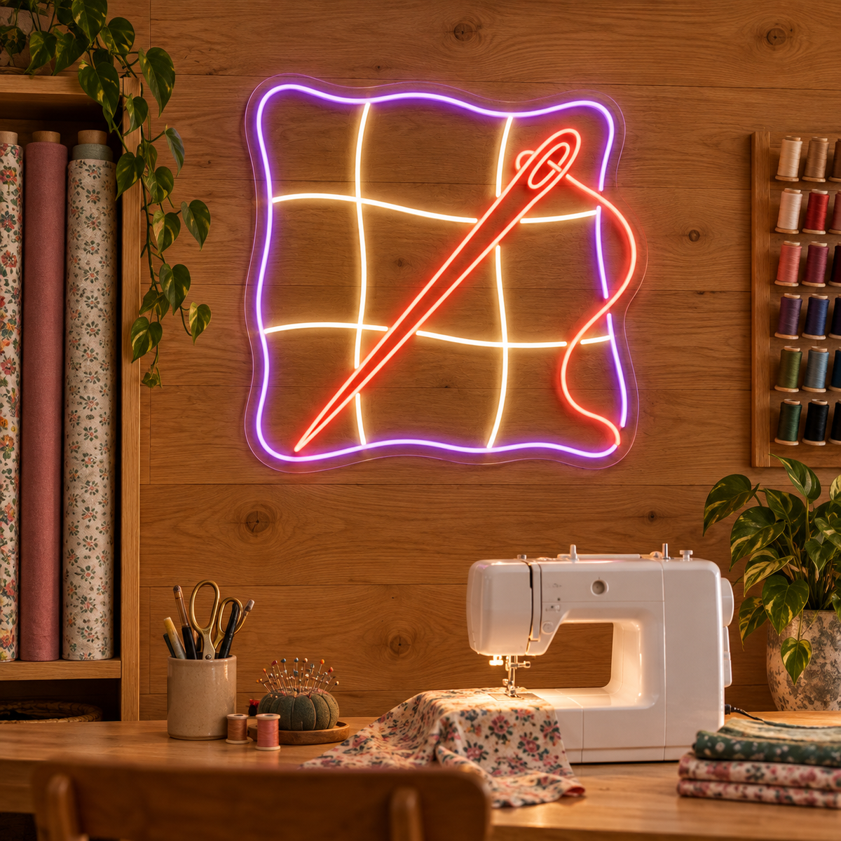 Quilt Block and Needle LED Neon Sign for Quilt Shops - interior setting