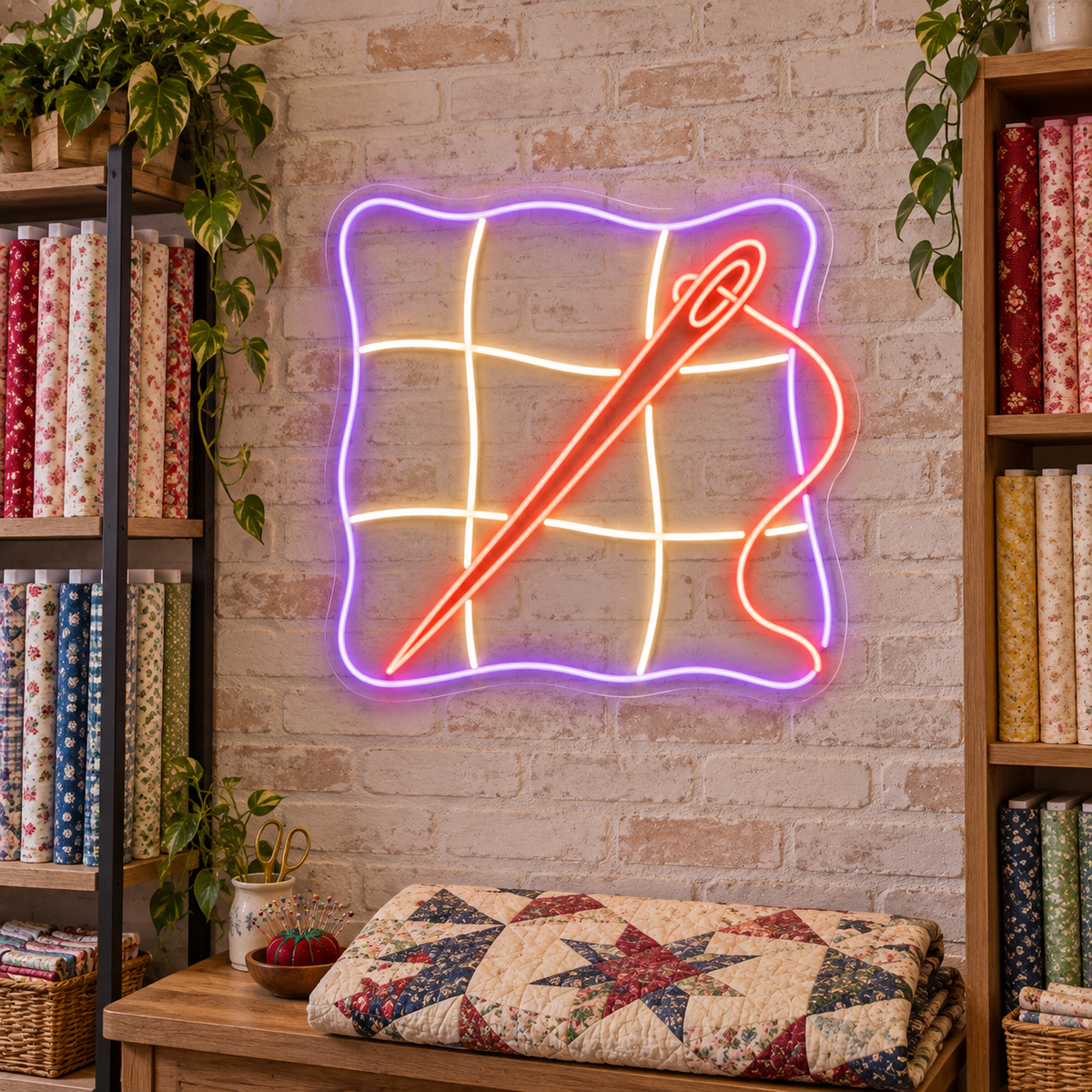 Quilt Block and Needle LED Neon Sign for Quilt Shops - interior setting
