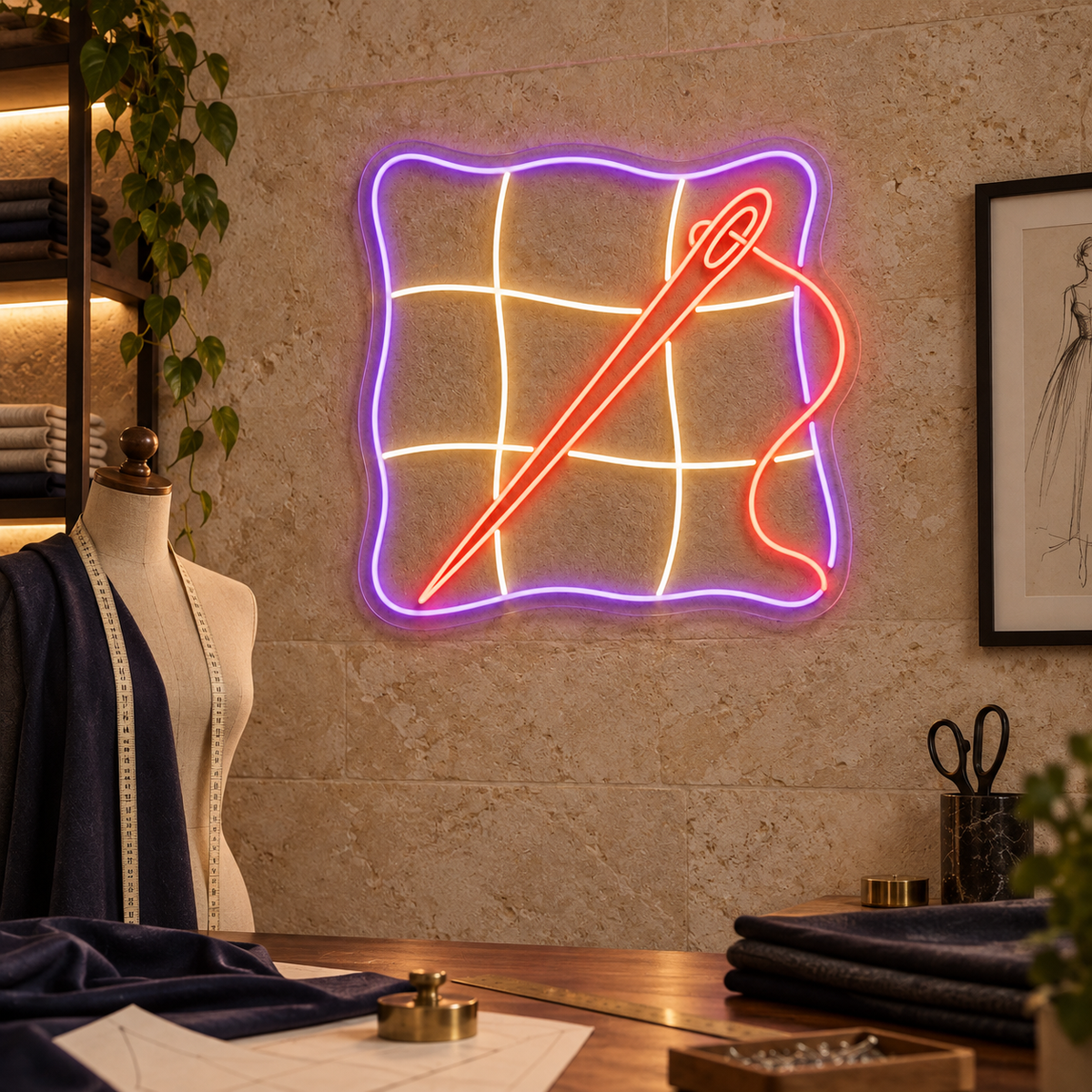 Quilt Block and Needle LED Neon Sign for Quilt Shops - interior setting