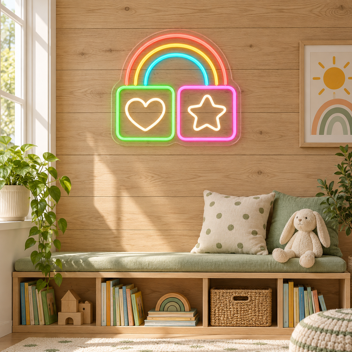 Rainbow Play Blocks LED Neon Sign for Daycare Centers - interior setting