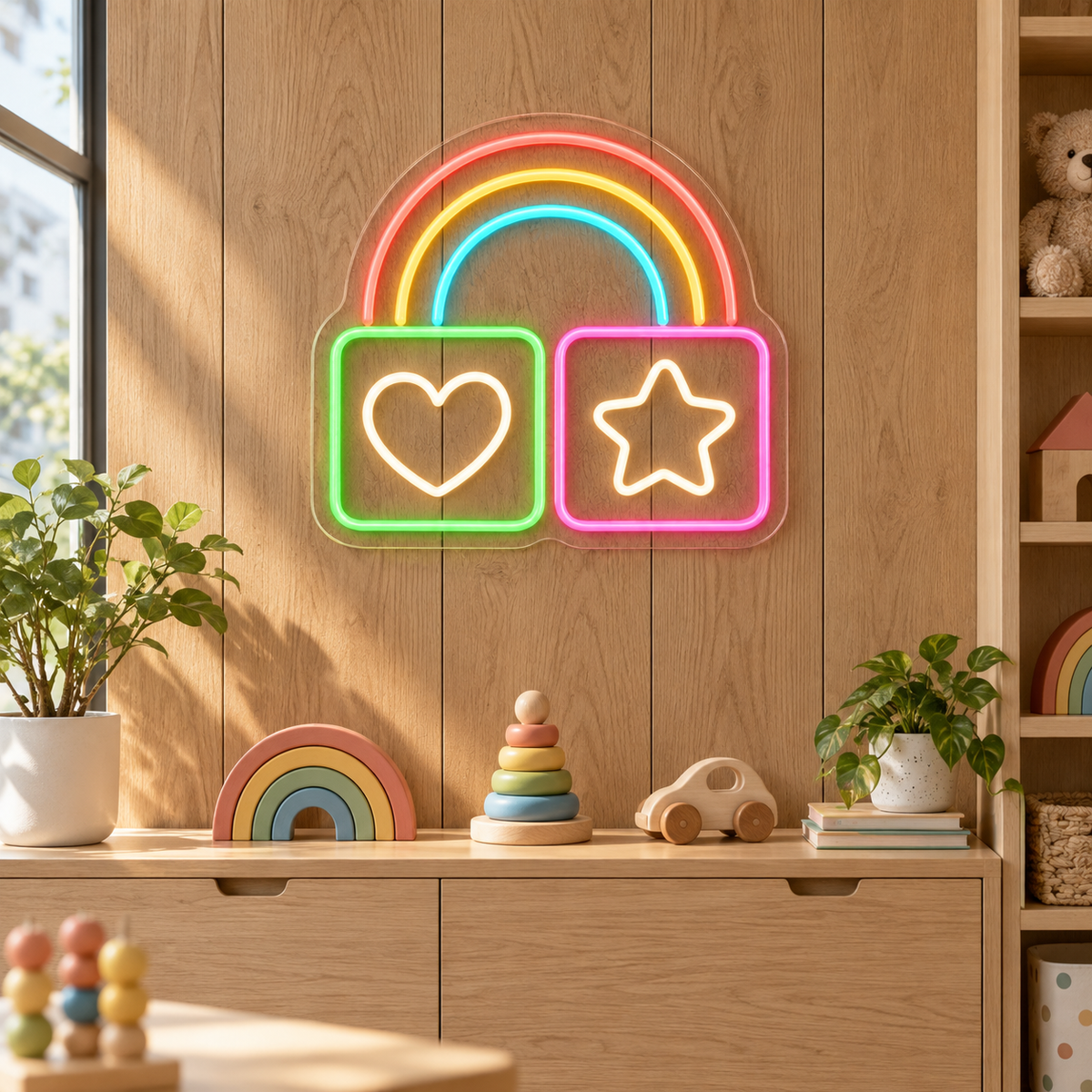 Rainbow Play Blocks LED Neon Sign for Daycare Centers - interior setting