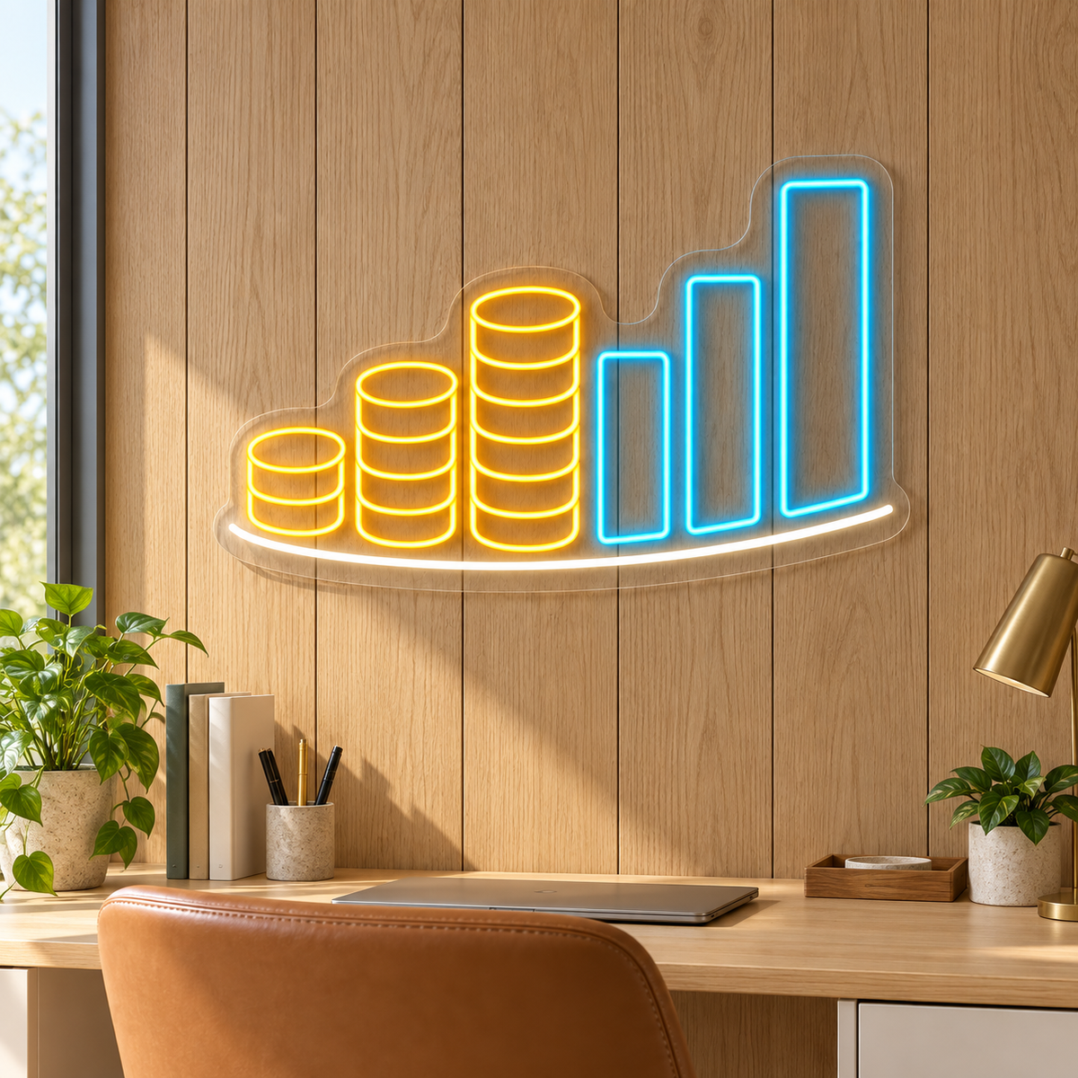 Rising Coin Stacks & Bar Chart LED Neon Sign for Accounting Offices - interior setting
