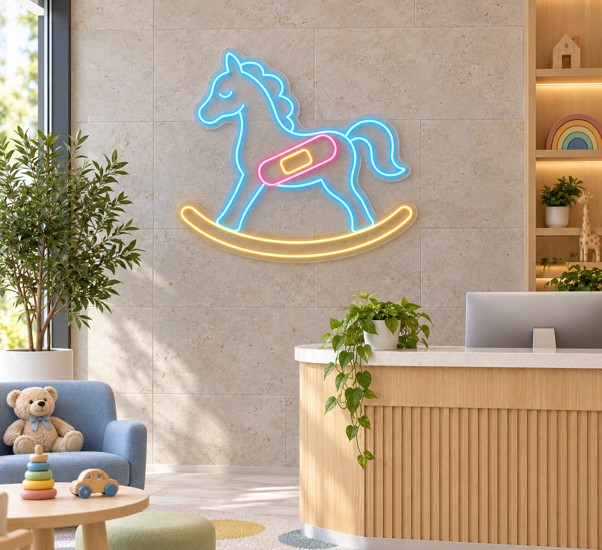 Rocking Horse & Bandage LED Neon Sign for Pediatric Clinics - interior setting