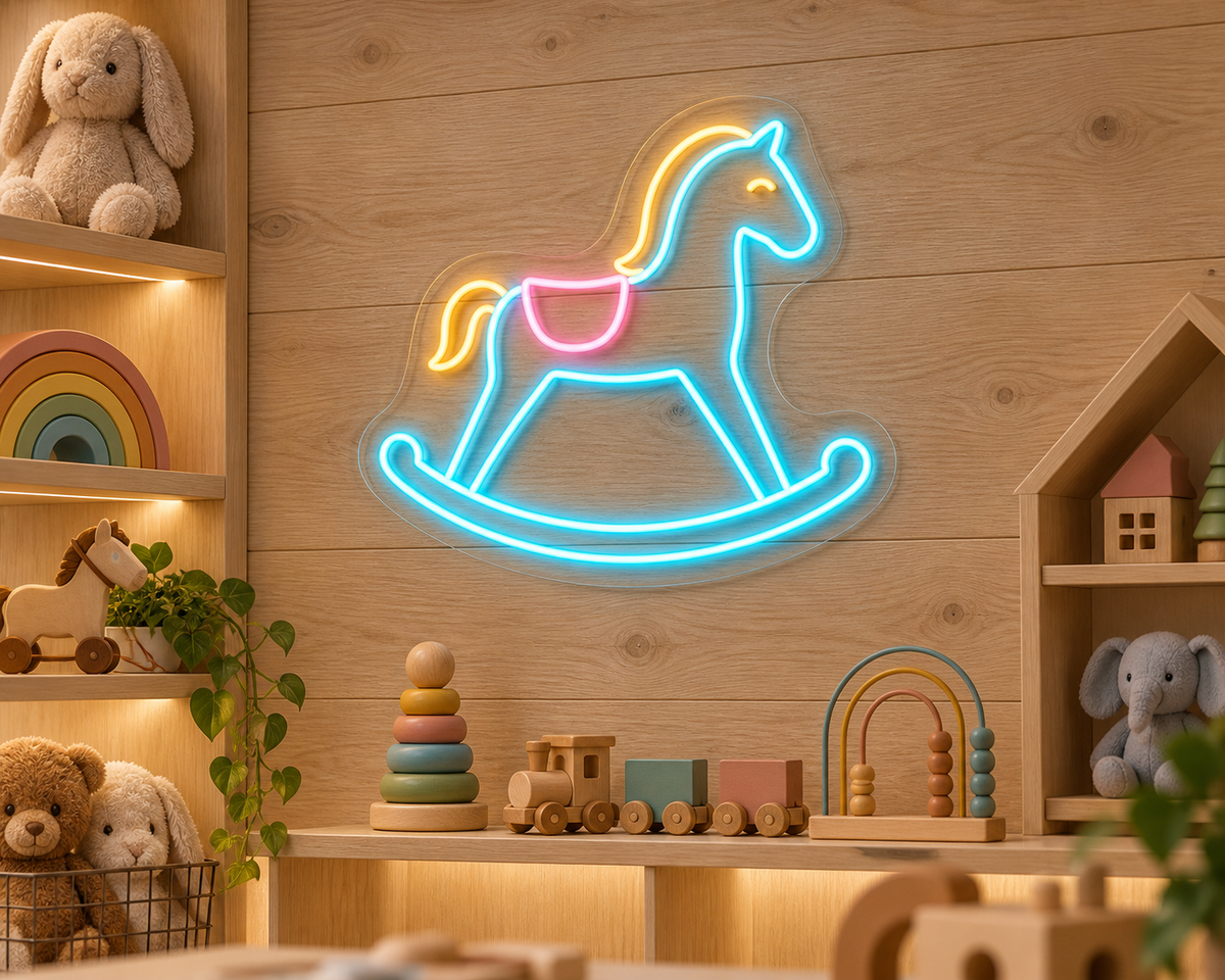 Rocking Horse LED Neon Sign for Playful Rooms - interior setting