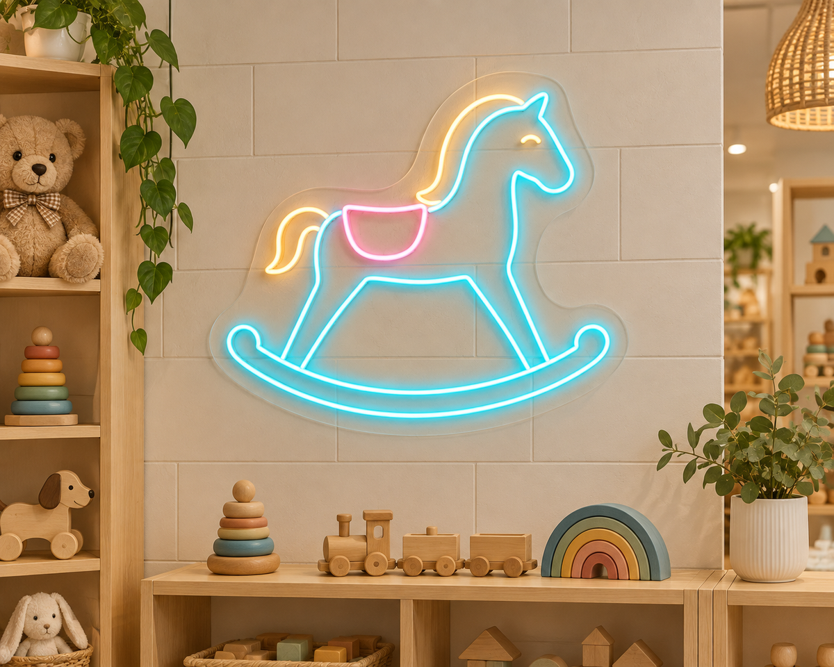 Rocking Horse LED Neon Sign for Playful Rooms - interior setting