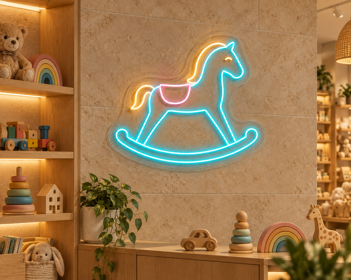 Rocking Horse LED Neon Sign for Playful Rooms - interior setting