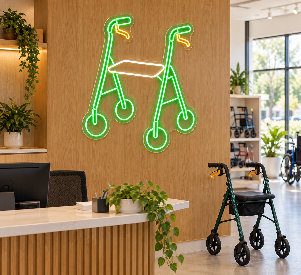 Rolling Walker LED Neon Sign for Mobility Showrooms - interior setting