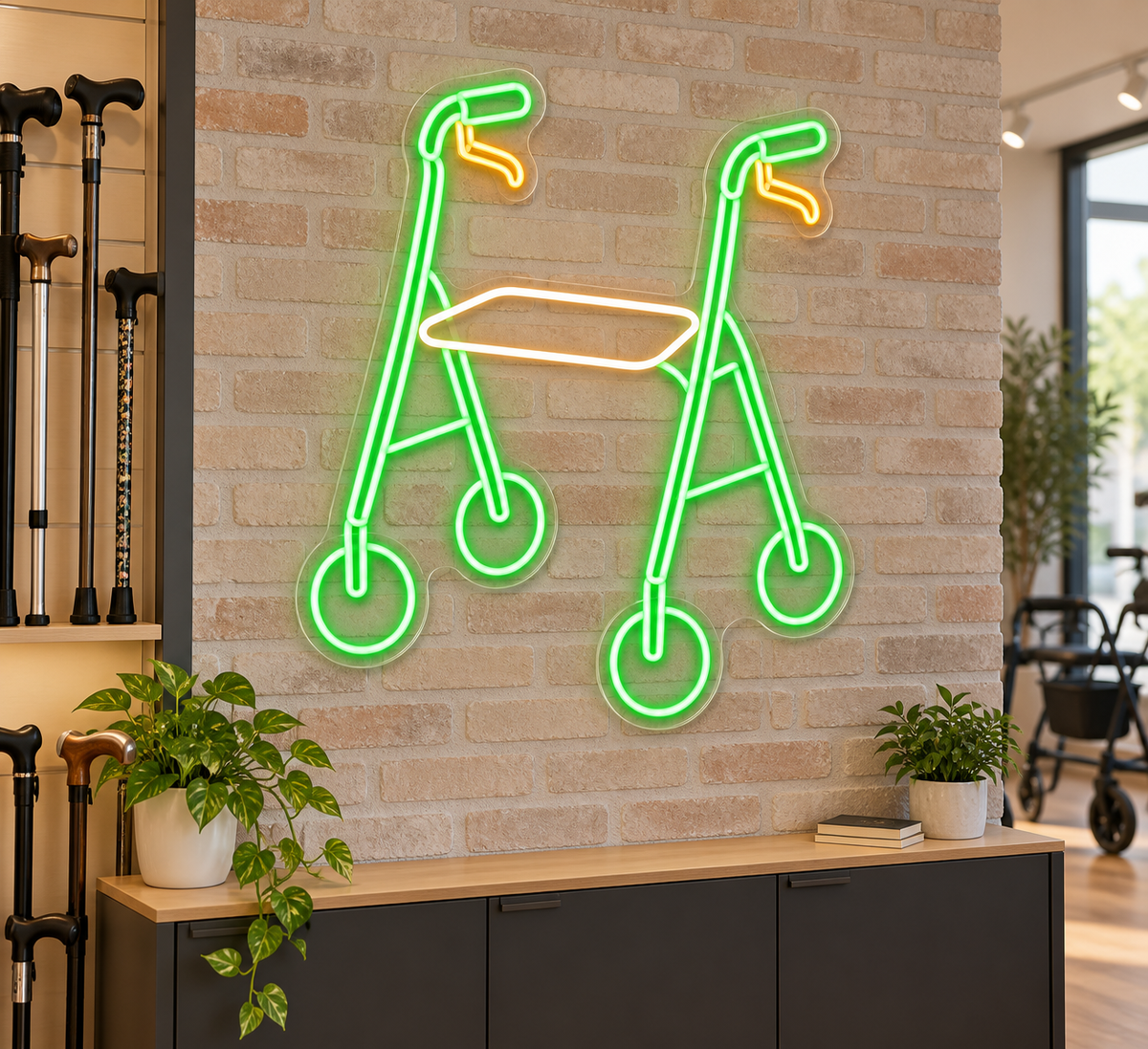 Rolling Walker LED Neon Sign for Mobility Showrooms - interior setting