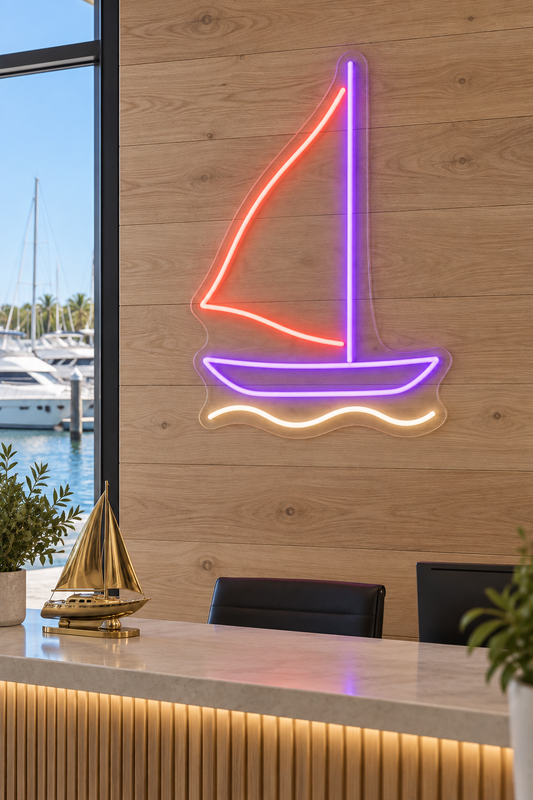 Sailboat with Single Sail LED Neon Sign for Sailing Spaces - interior setting
