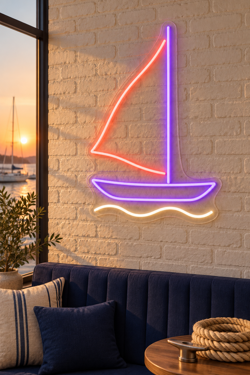 Sailboat with Single Sail LED Neon Sign for Sailing Spaces - interior setting