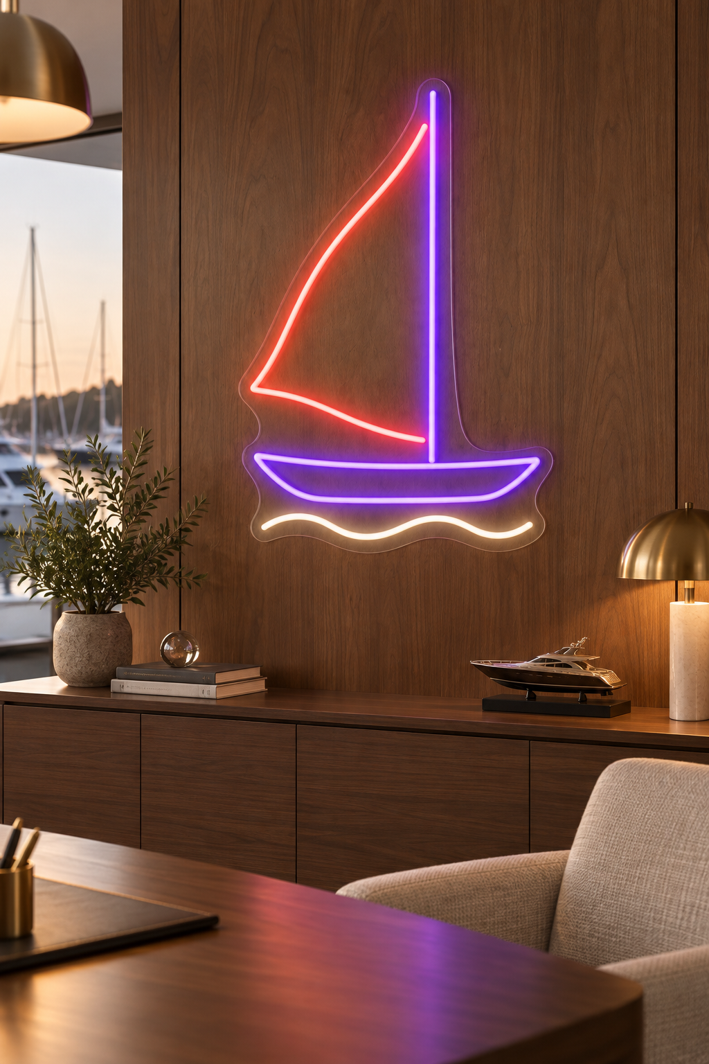 Sailboat with Single Sail LED Neon Sign for Sailing Spaces - interior setting