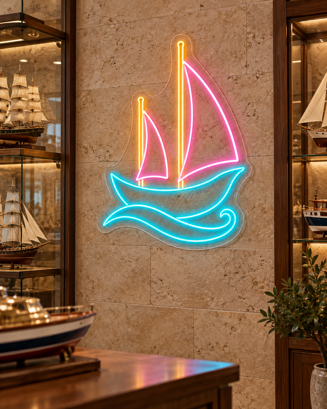 Sailing Ship and Waves LED Neon Sign for Nautical Hobby Spaces - interior setting