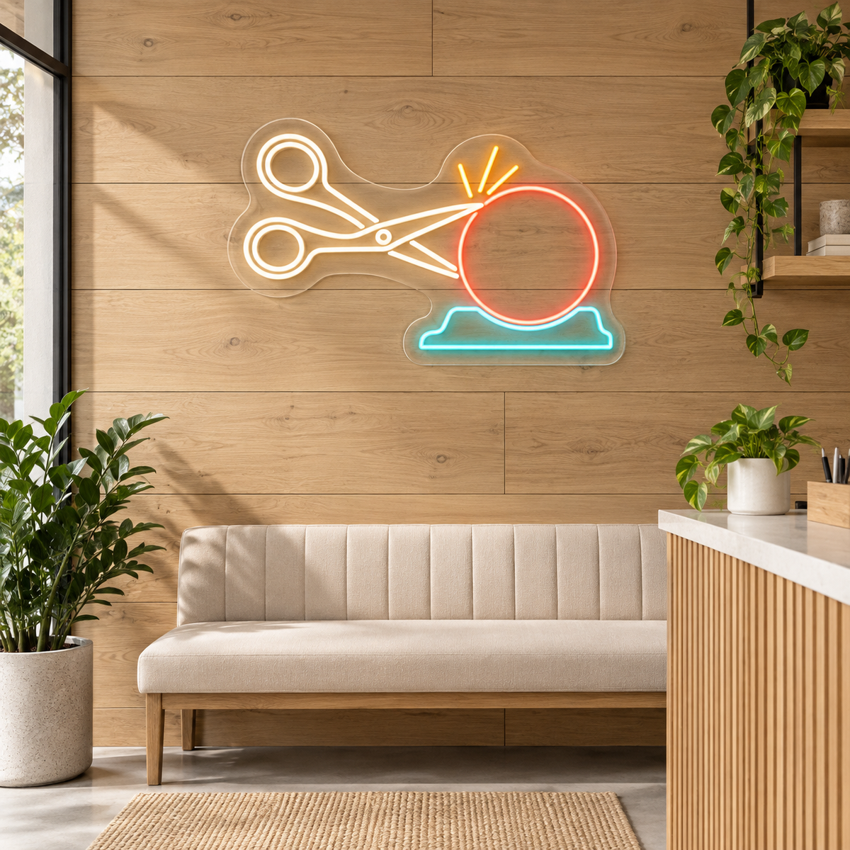 Scissors & Sharpening Wheel LED Neon Sign for Scissor Sharpening Shops - interior setting