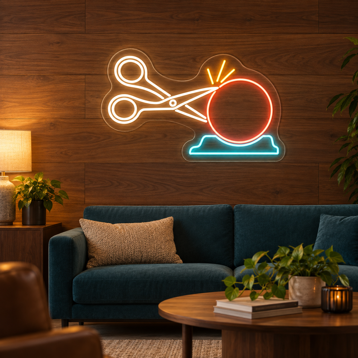Scissors & Sharpening Wheel LED Neon Sign for Scissor Sharpening Shops - interior setting