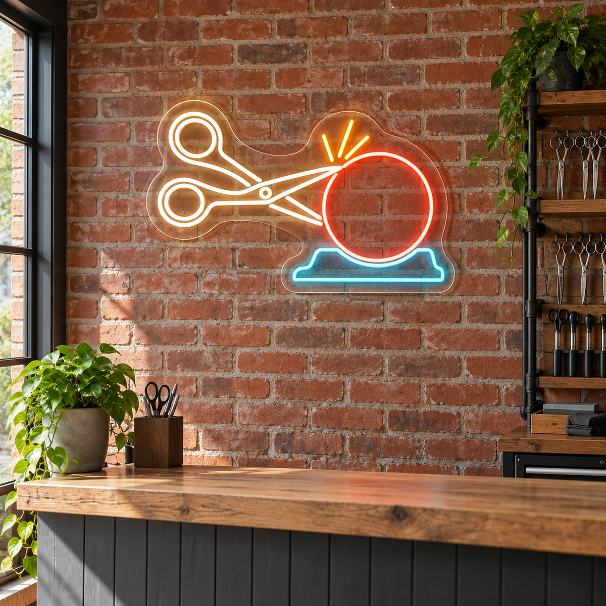 Scissors & Sharpening Wheel LED Neon Sign for Scissor Sharpening Shops - interior setting