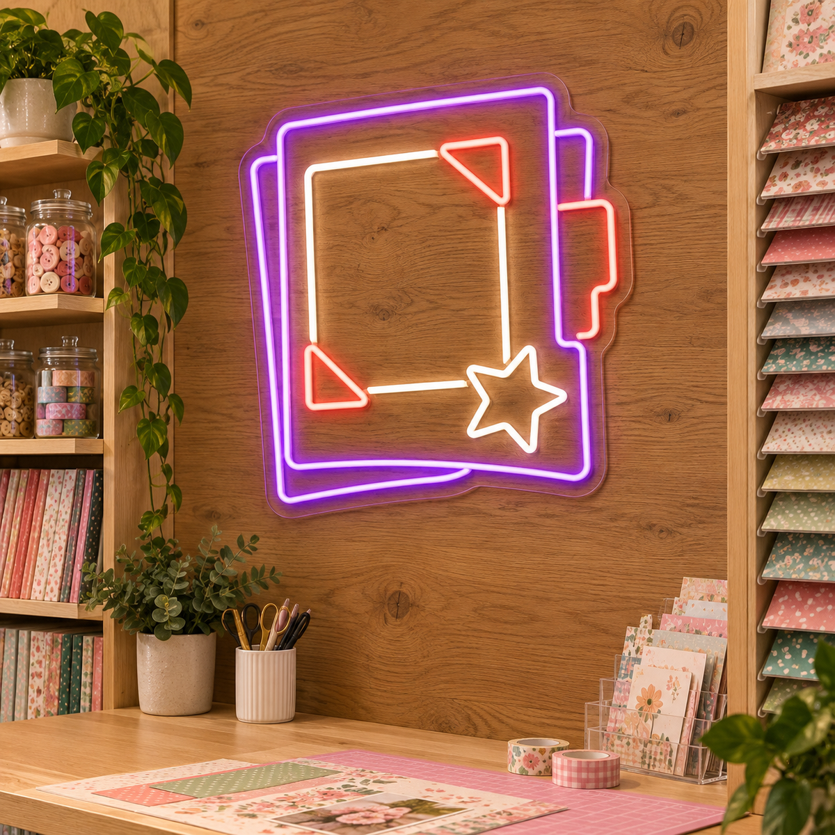 Scrapbook and Star LED Neon Sign for Memory Makers - interior setting