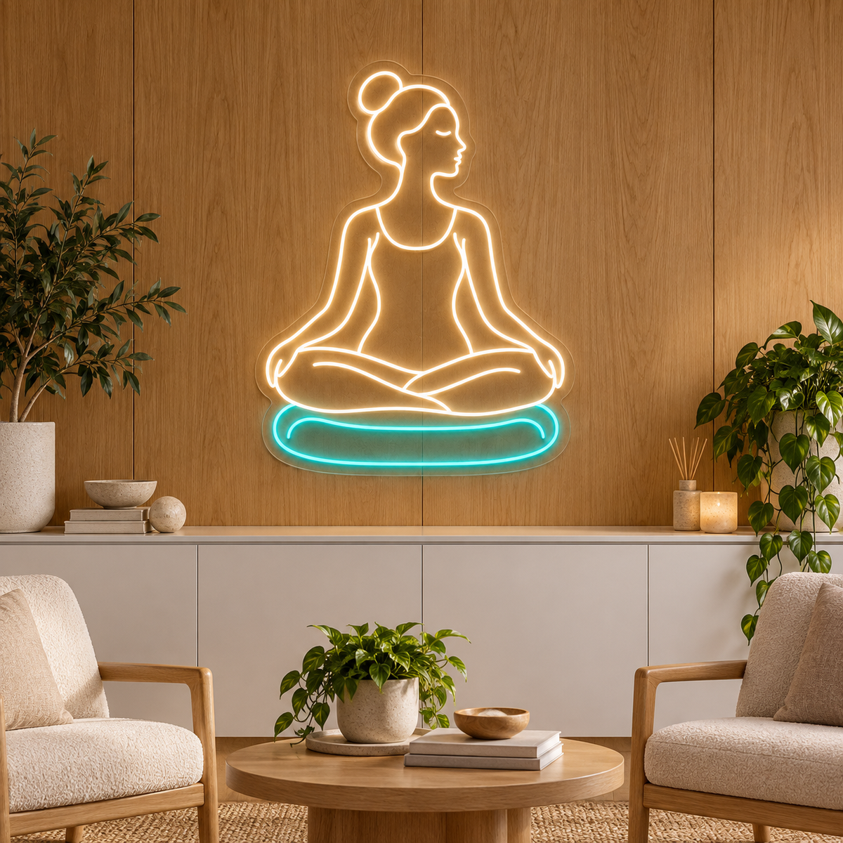 Seated Meditation Woman LED Neon Sign for Meditation Centers - interior setting