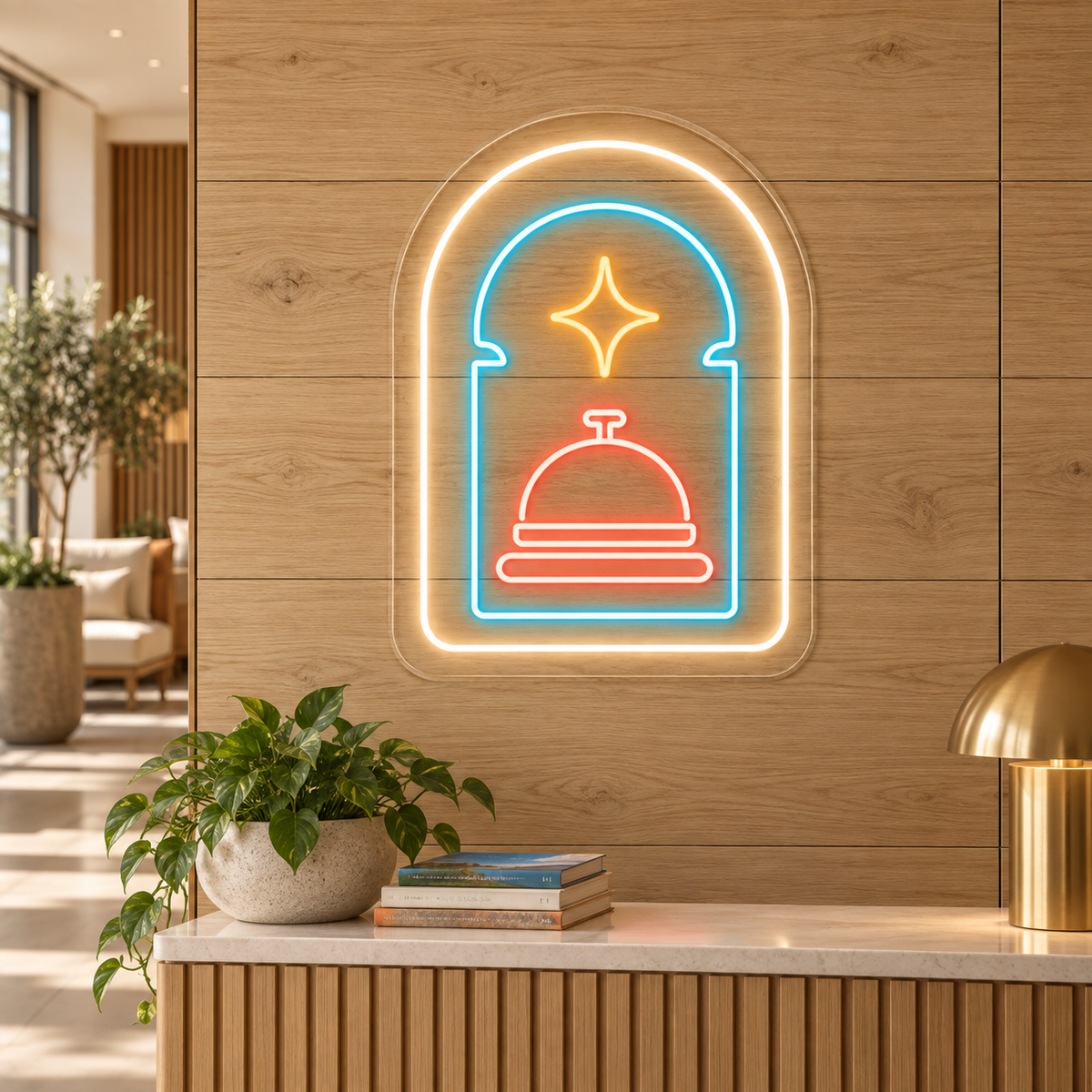 Service Bell Within Double Arches LED Neon Sign for Hotels - interior setting