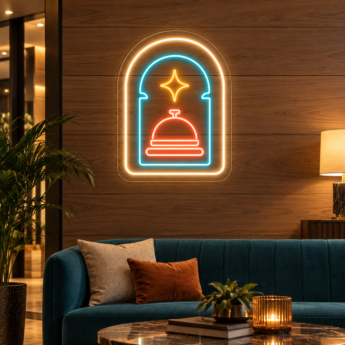 Service Bell Within Double Arches LED Neon Sign for Hotels - interior setting