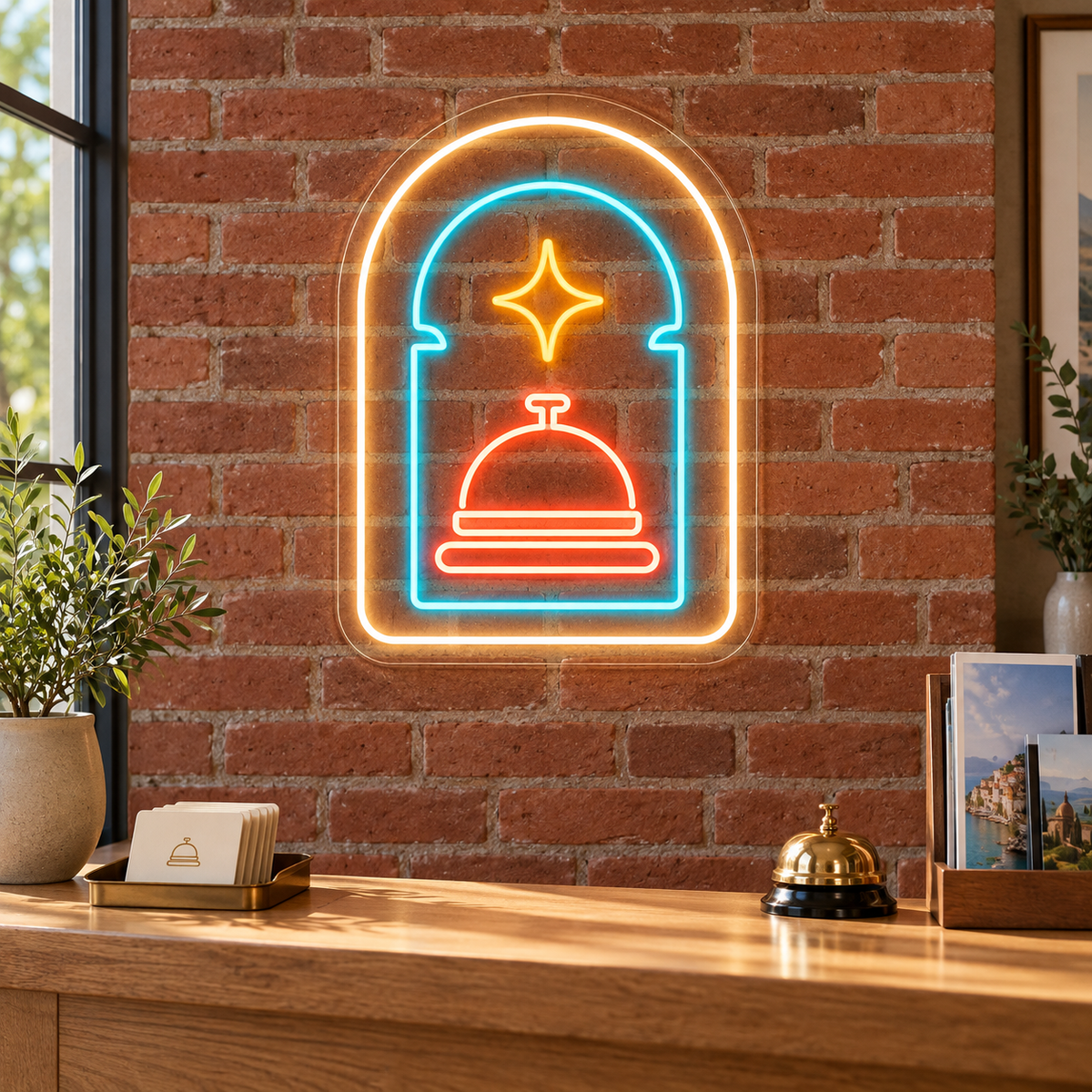 Service Bell Within Double Arches LED Neon Sign for Hotels - interior setting