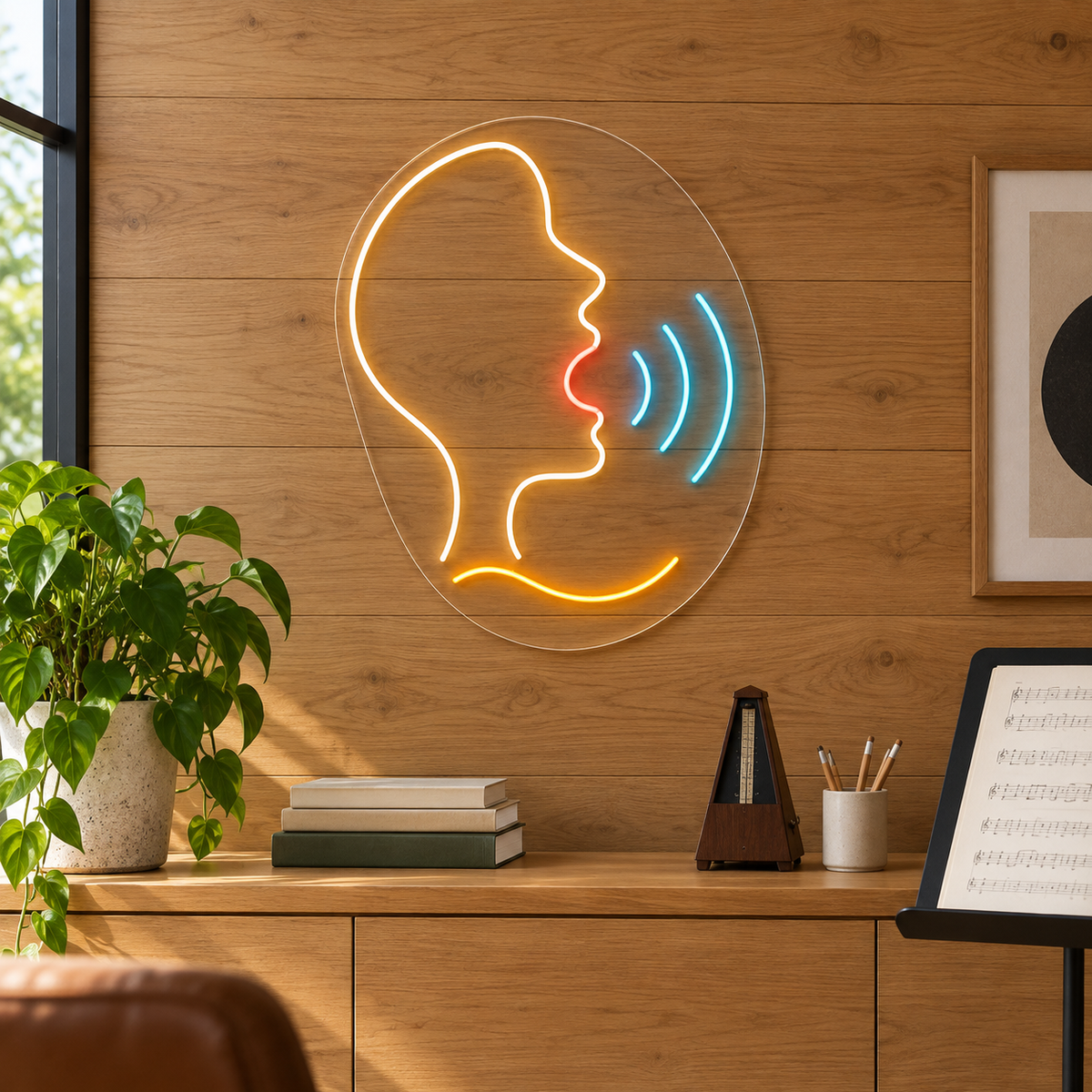 Singing Side Profile & Sound Waves LED Neon Sign for Vocal Studios - interior setting