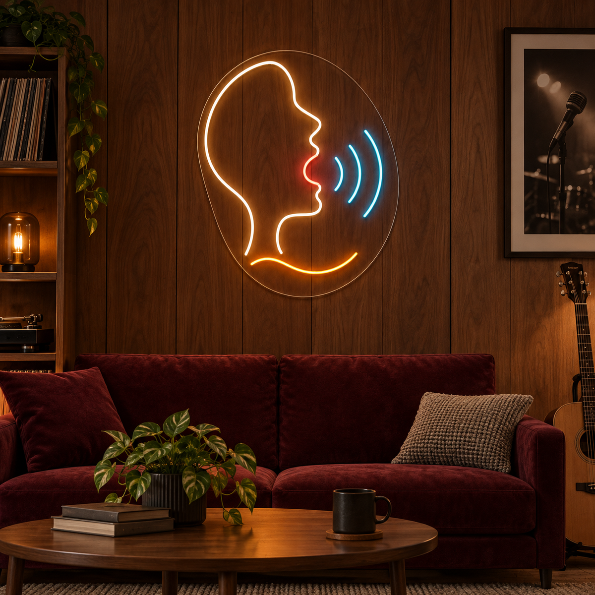 Singing Side Profile & Sound Waves LED Neon Sign for Vocal Studios - interior setting