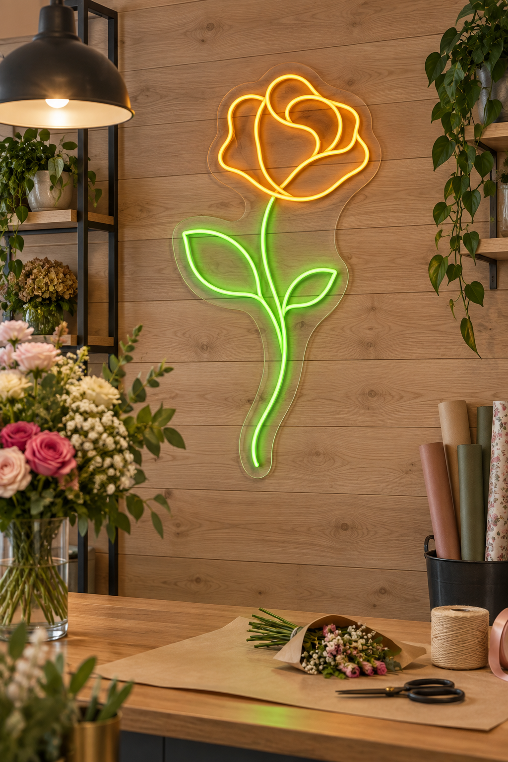 Single Rose LED Neon Sign for Floral Spaces - interior setting