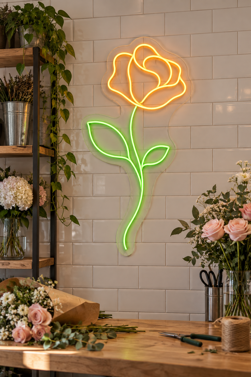 Single Rose LED Neon Sign for Floral Spaces - interior setting