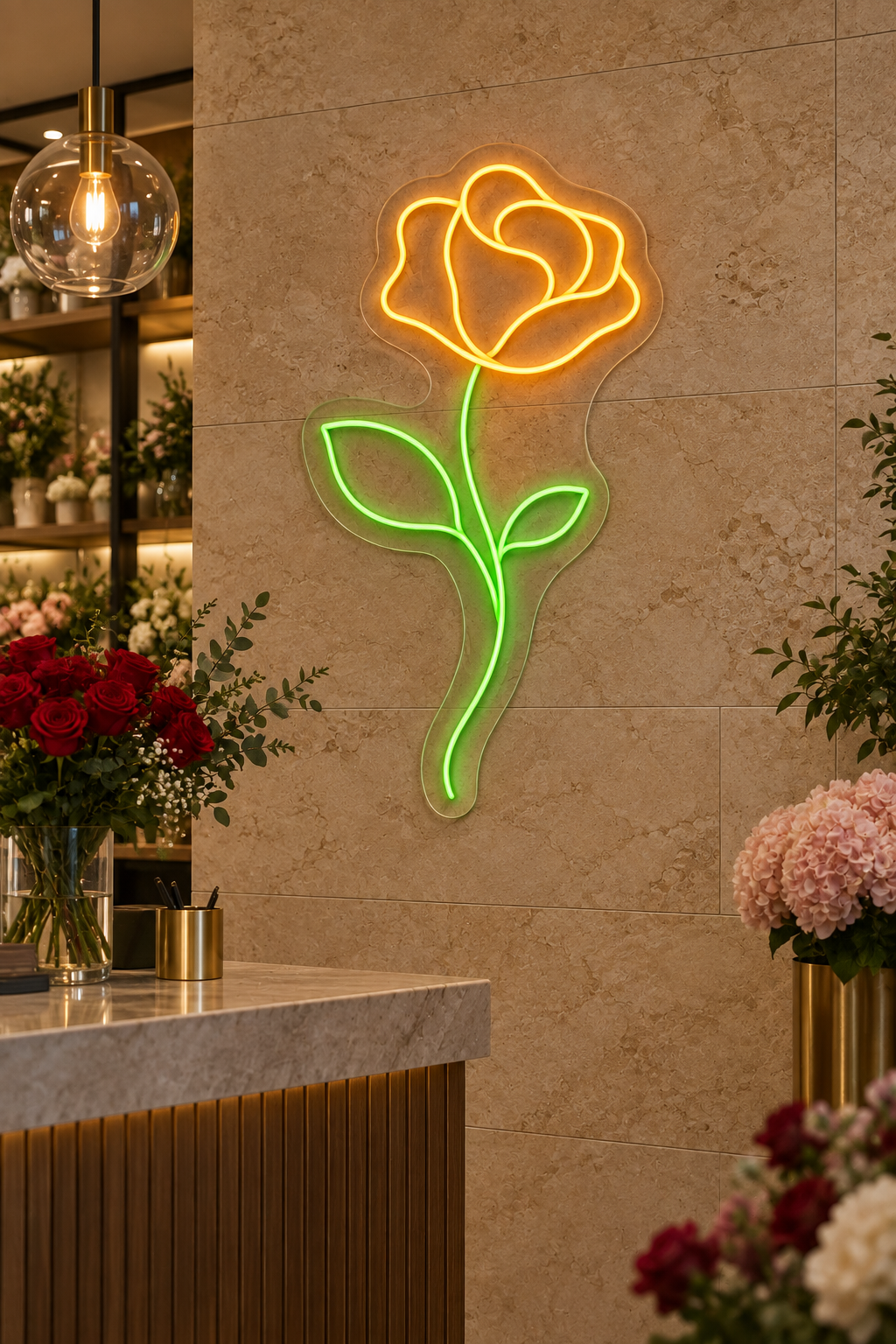 Single Rose LED Neon Sign for Floral Spaces - interior setting