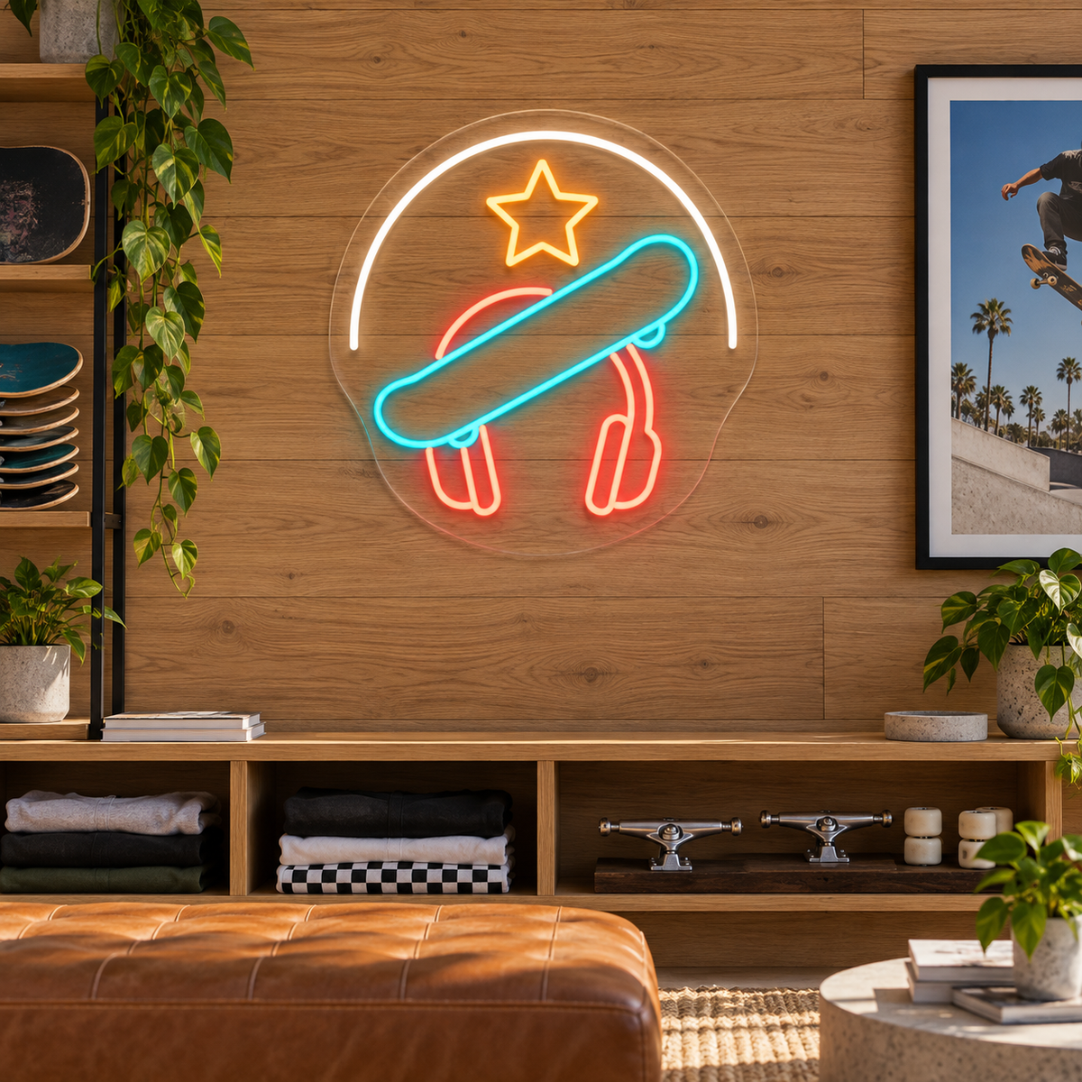 Skateboard & Headphones LED Neon Sign for Youth Centers - interior setting