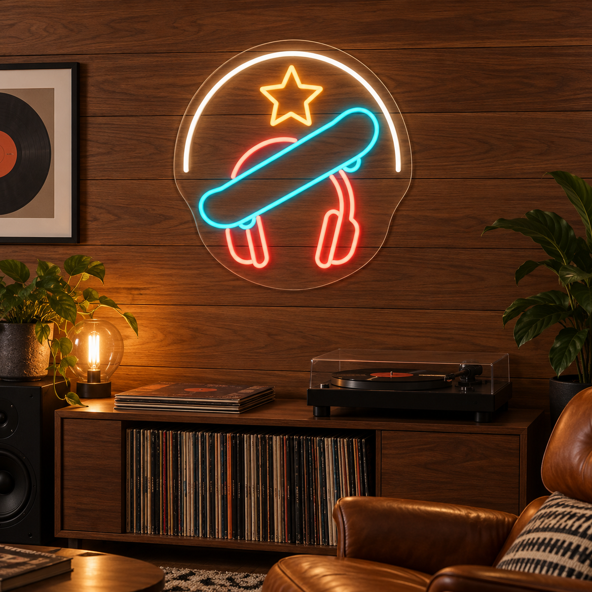 Skateboard & Headphones LED Neon Sign for Youth Centers - interior setting