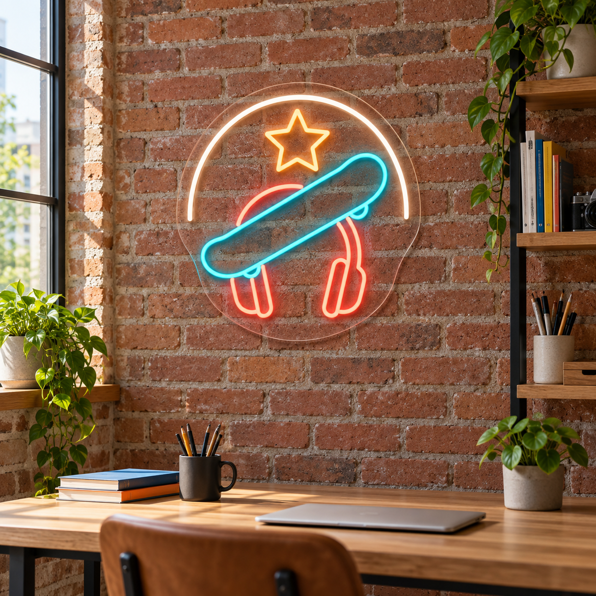 Skateboard & Headphones LED Neon Sign for Youth Centers - interior setting