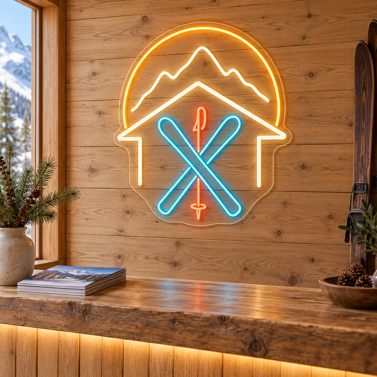 Ski Chalet & Crossed Skis LED Neon Sign for Ski Resorts - interior setting