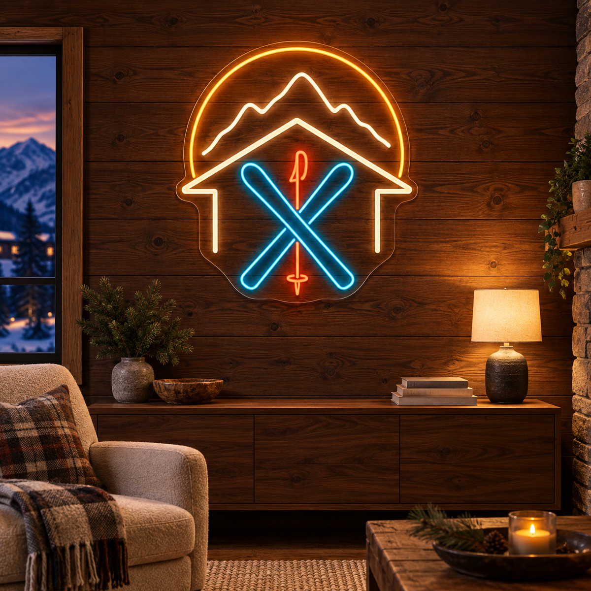 Ski Chalet & Crossed Skis LED Neon Sign for Ski Resorts - interior setting