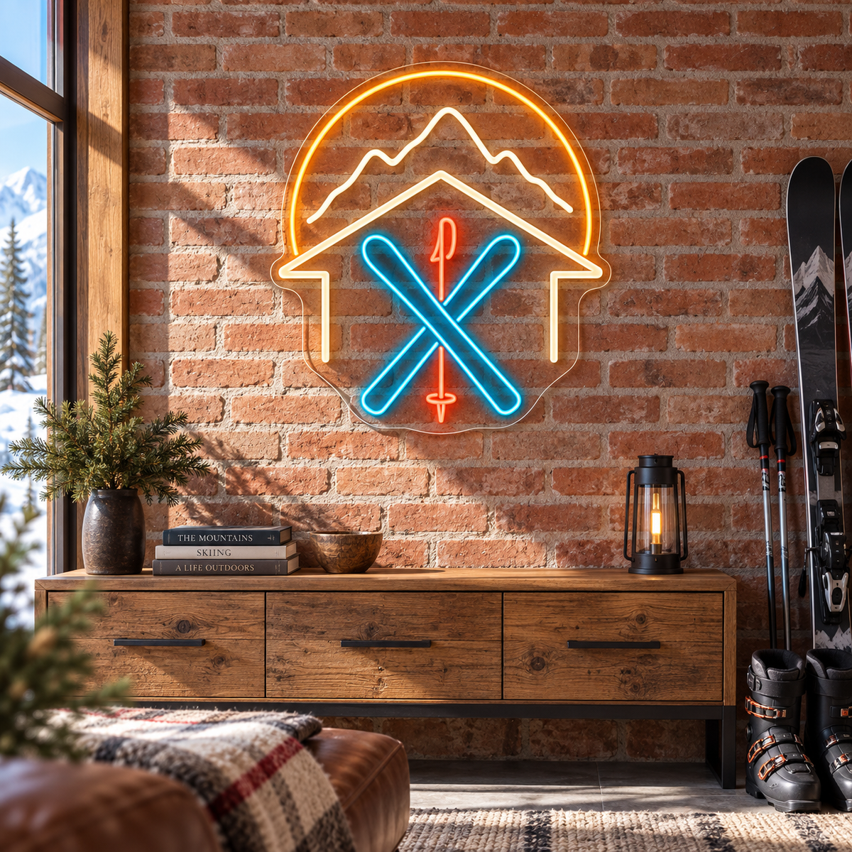 Ski Chalet & Crossed Skis LED Neon Sign for Ski Resorts - interior setting