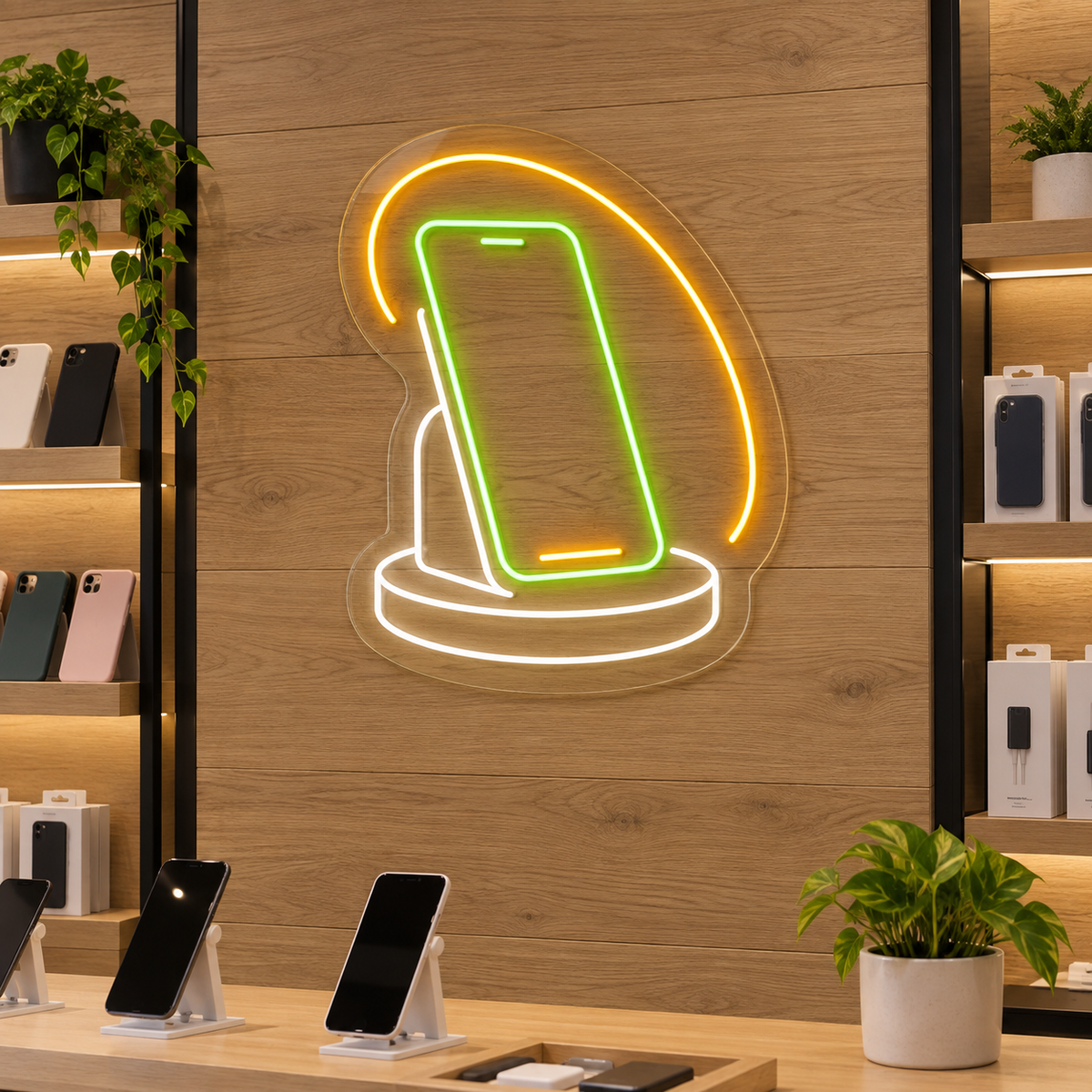 Smartphone on Display Stand LED Neon Sign for Phone Showrooms - interior setting
