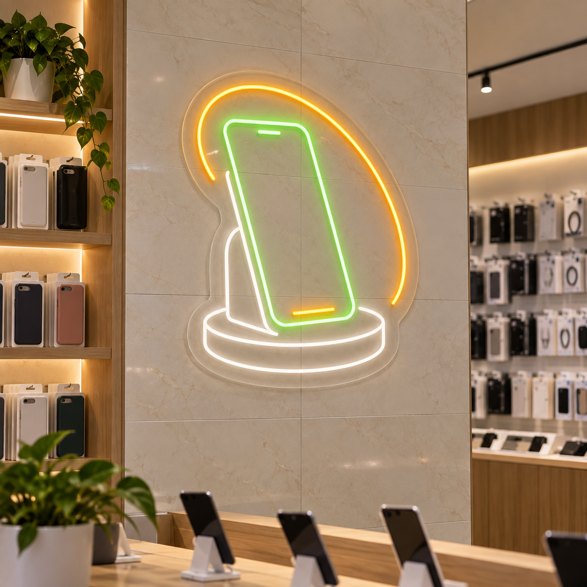 Smartphone on Display Stand LED Neon Sign for Phone Showrooms - interior setting