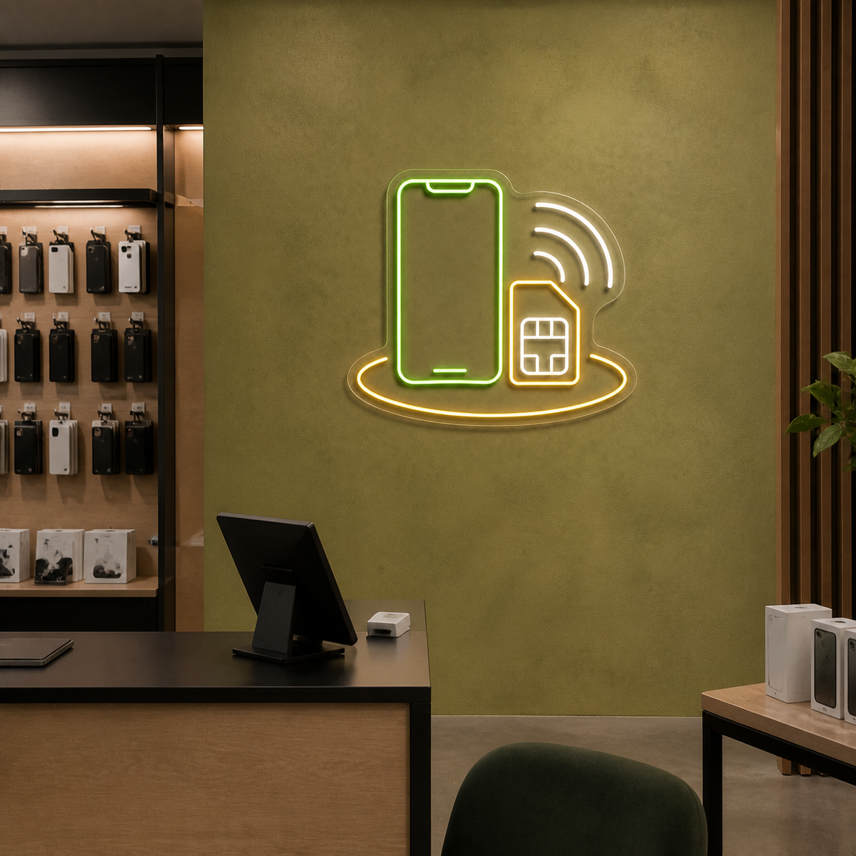 Smartphone SIM Card and Signal LED Neon Sign for Mobile Phone Shops - interior setting