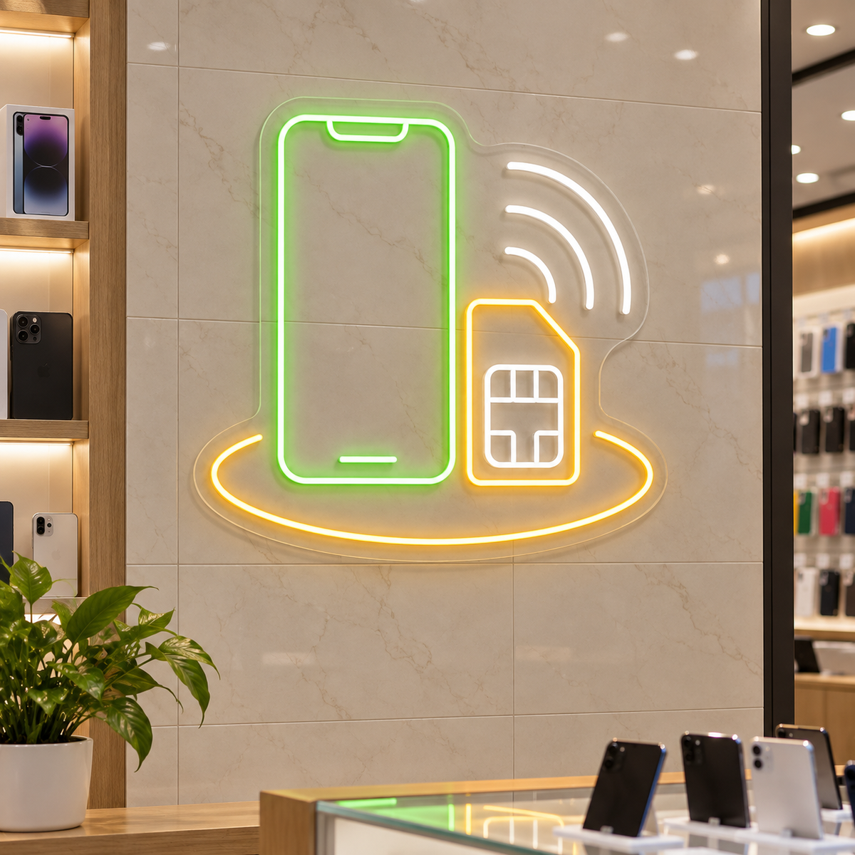 Smartphone SIM Card and Signal LED Neon Sign for Mobile Phone Shops - interior setting