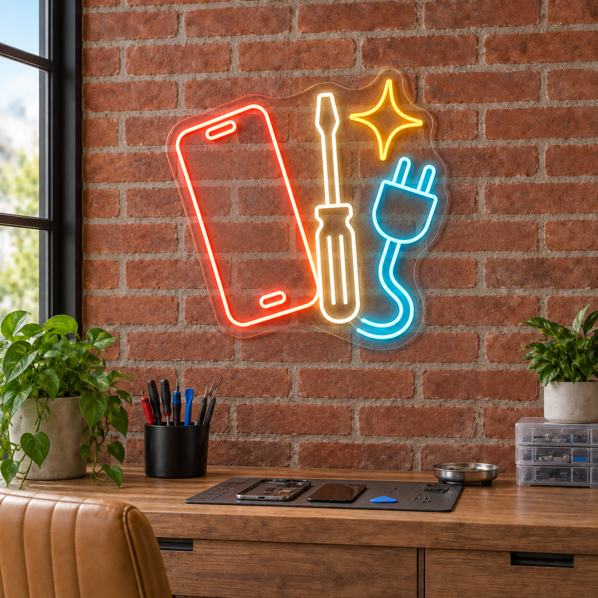 Smartphone & Screwdriver LED Neon Sign for Phone Repair Shops - interior setting