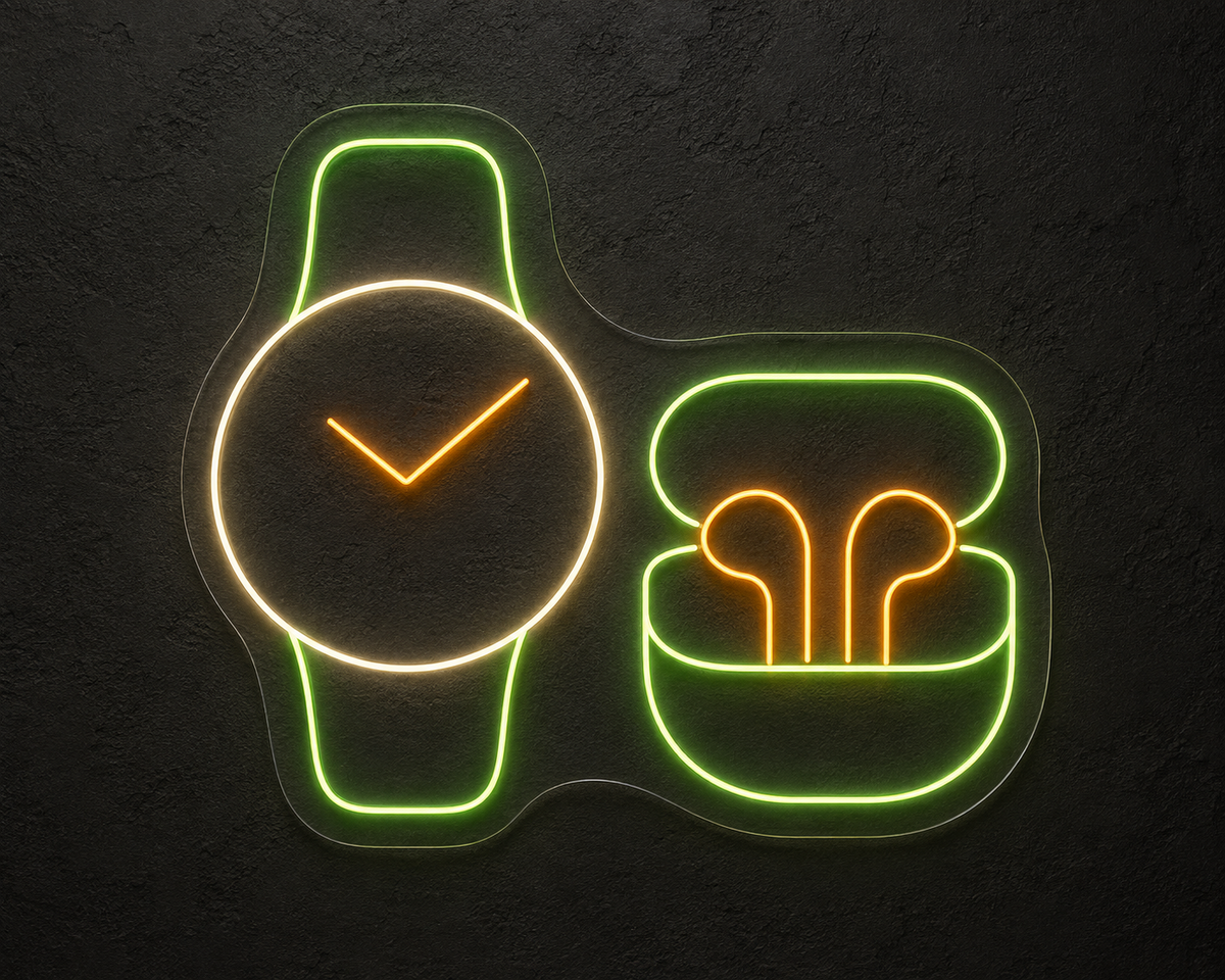 Smartwatch and Earbuds LED Neon Sign for Tech Displays - design reference
