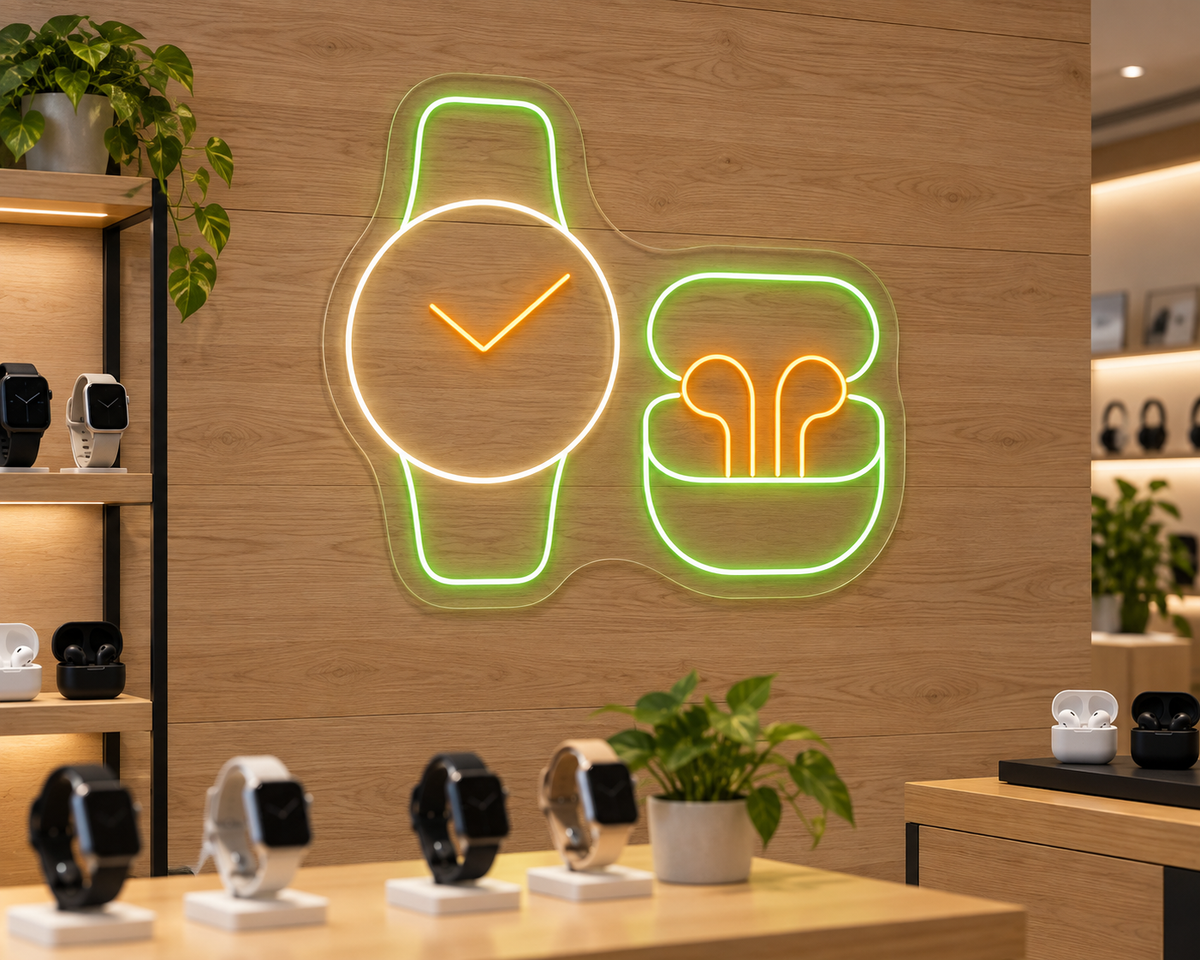 Smartwatch and Earbuds LED Neon Sign for Tech Displays - interior setting