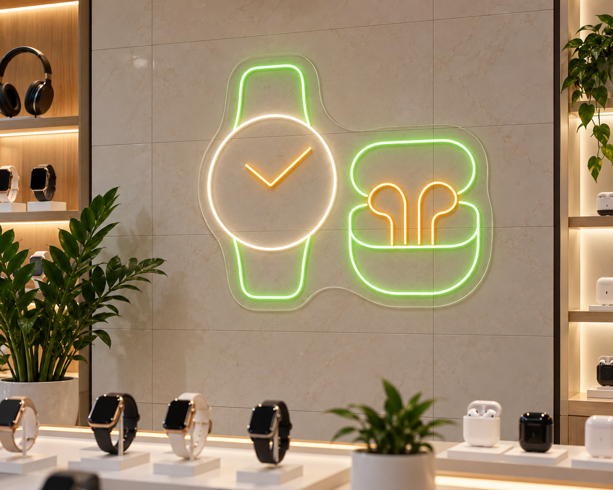 Smartwatch and Earbuds LED Neon Sign for Tech Displays - interior setting