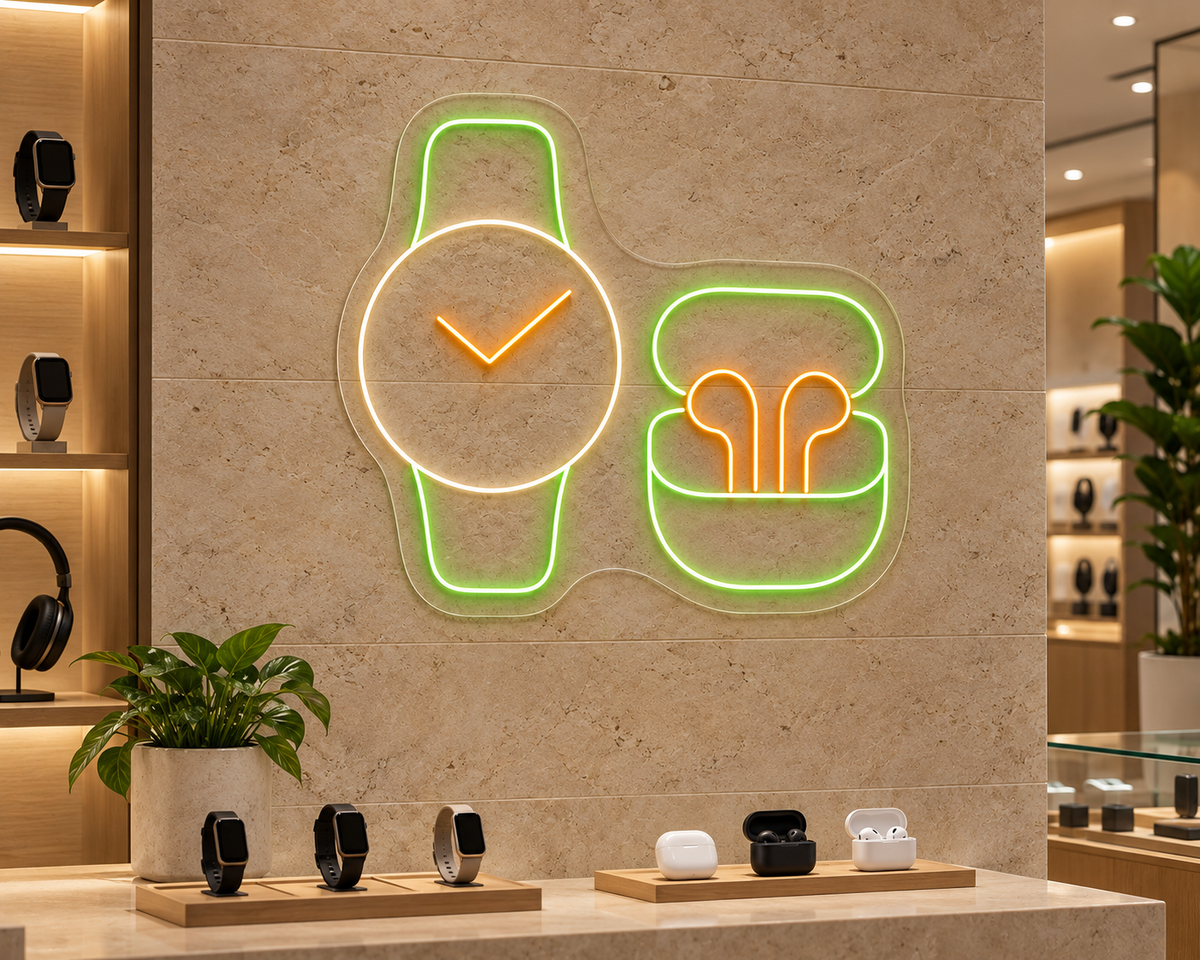 Smartwatch and Earbuds LED Neon Sign for Tech Displays - interior setting