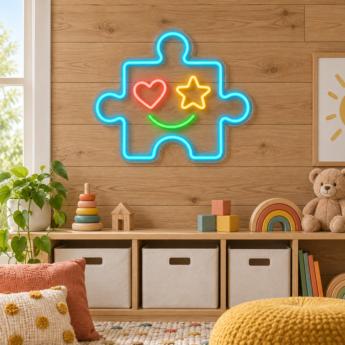 Happy Puzzle Piece LED Neon Sign for Preschools - interior setting
