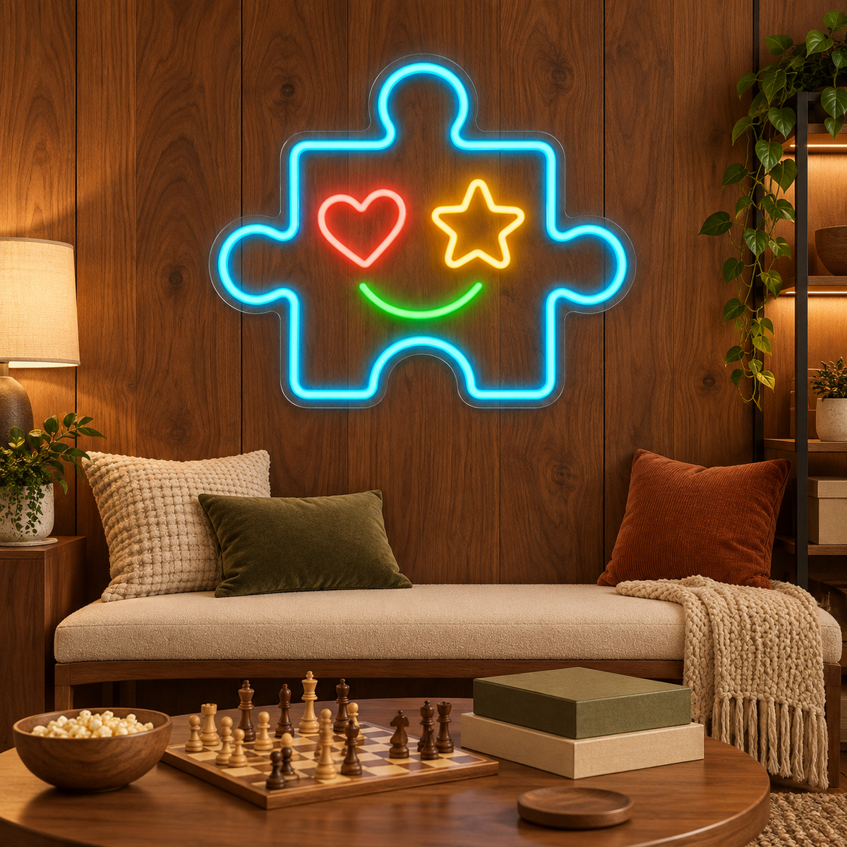 Happy Puzzle Piece LED Neon Sign for Preschools - interior setting