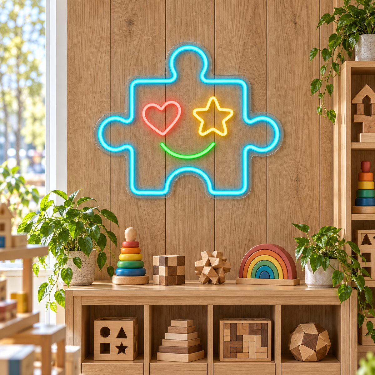 Happy Puzzle Piece LED Neon Sign for Preschools - interior setting