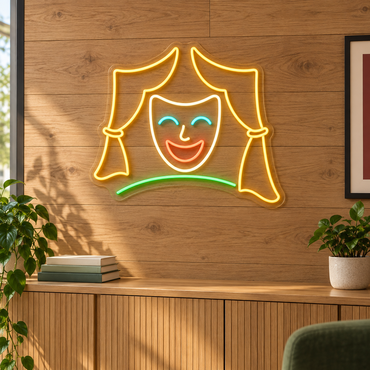 Theatre Mask & Curtains LED Neon Sign for Acting Schools - interior setting